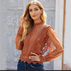 Caramel colored Ruffle trim lace long sleeve shirt